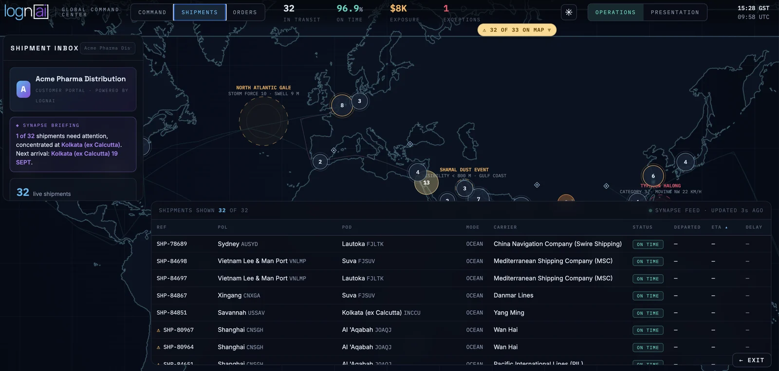 Synapse Global Command Center: a world map of live shipments with clustered markers, a shipment inbox, a Synapse briefing and a table of 32 shipments with origin, destination, carrier and status
